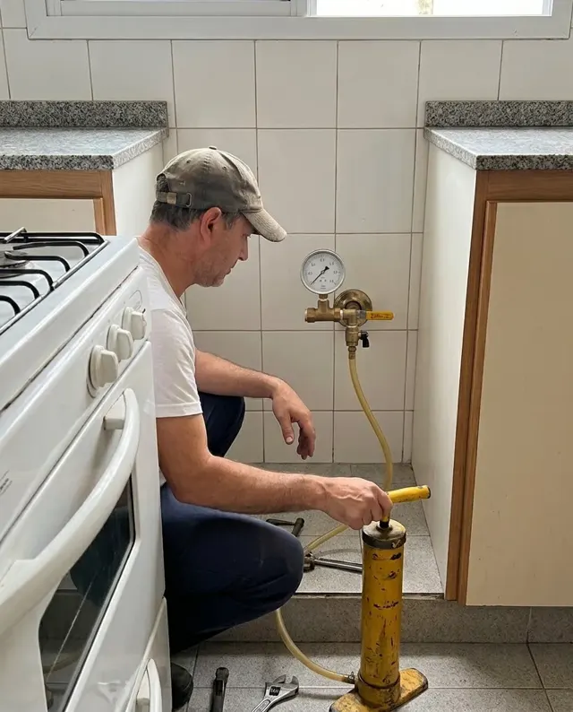 Manómetro conectado a la cañería durante una prueba de hermeticidad