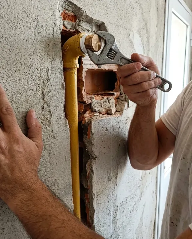 Cañería de gas embutida en una canaleta abierta en la pared